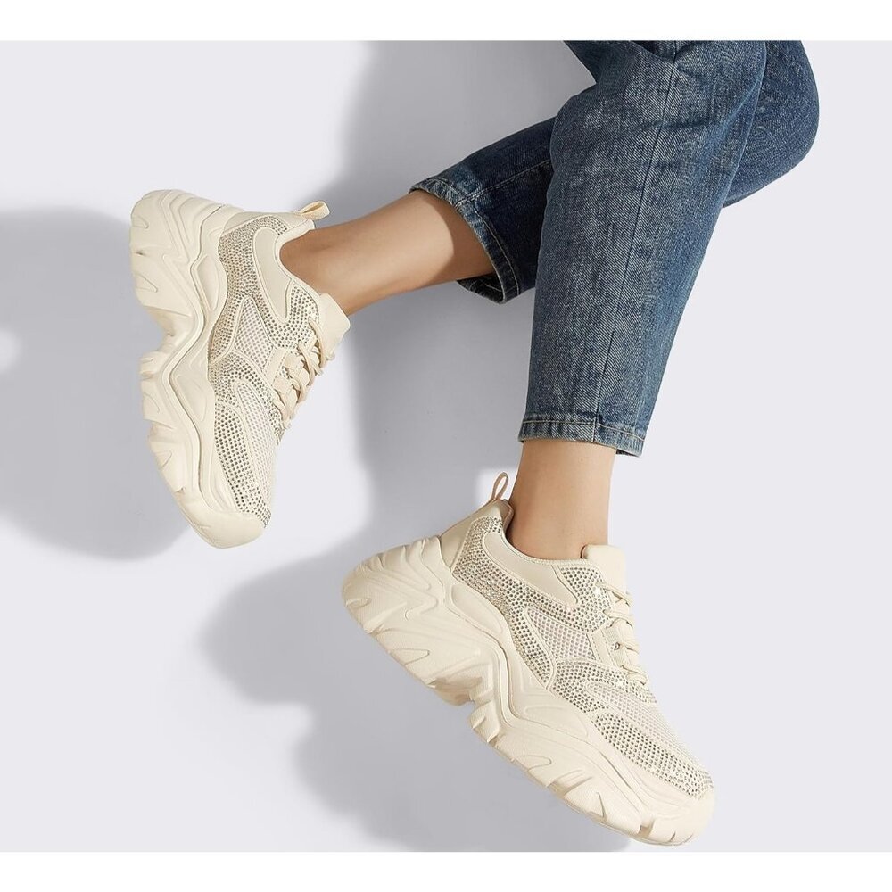 Women Leather Beige Rhinestone Comfortable Wedge Walking Sport Sneakers Shoes - Picture 8 of 9